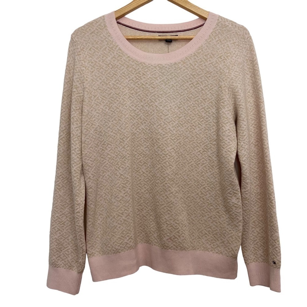 TOMMY Hilfiger knit sweater pink gold metalic scoop neck long sleeves Large